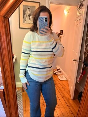 GAP Cream Crewneck Sweater with Yellow & Navy Stripes